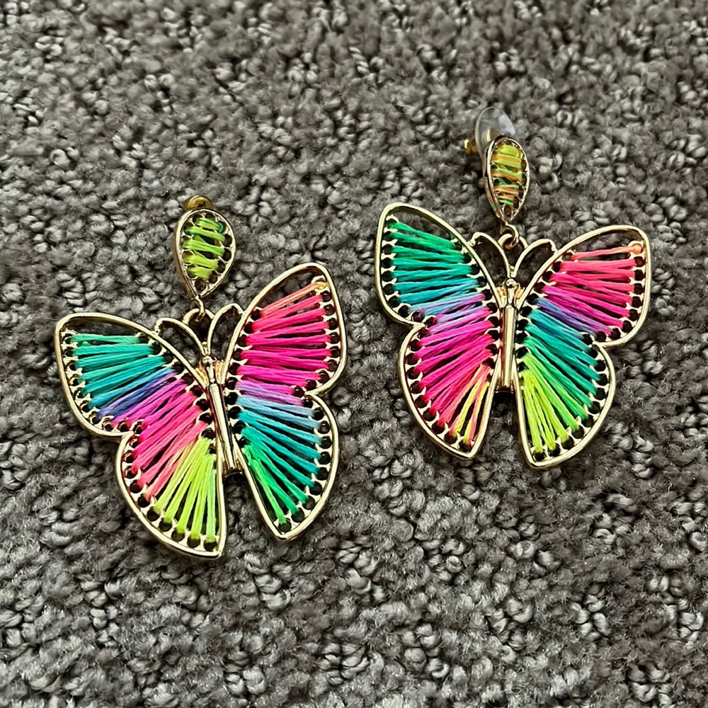 Rainbow butterfly earrings neon gold festival cute accessories summer pink green